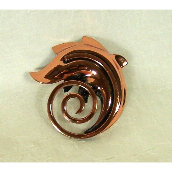 Rame' Copper Leaf Pendant Coil Swirl Artist Signed MCM Mid Century Modernist 2" - Picture 1 of 4
